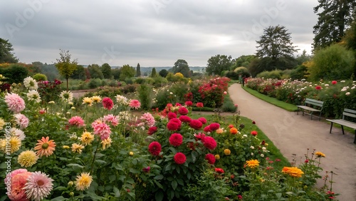 Scenic view of Keukenhof tulip garden in Lisse, Netherlands. Keukenhof is the most beautiful spring garden in the world. Beautiful ornamental garden, generative ai