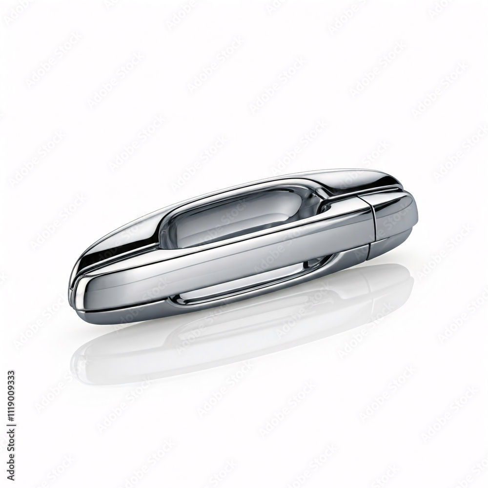 A shiny chrome car door handle against a white background A shiny chrome car door handle against a white background