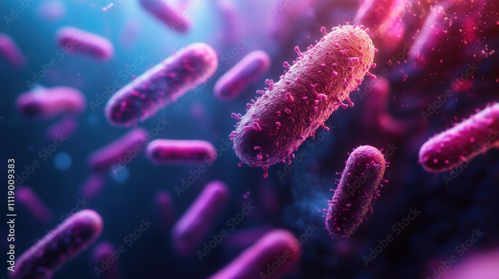 Microscopic view of rod-shaped bacteria, vibrant pink and purple hues against a dark blue background.