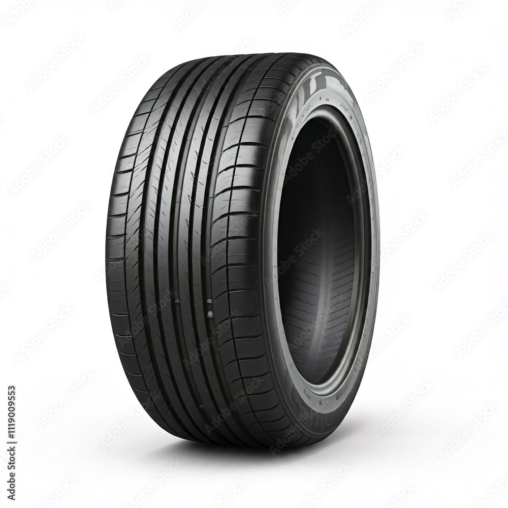 Obraz premium New car tire standing upright against a white background