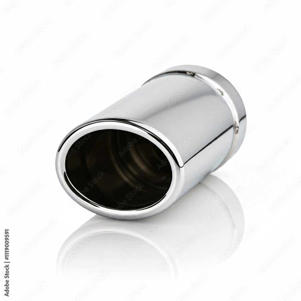 A shiny chrome exhaust tip against a white background A shiny chrome exhaust tip against a white background