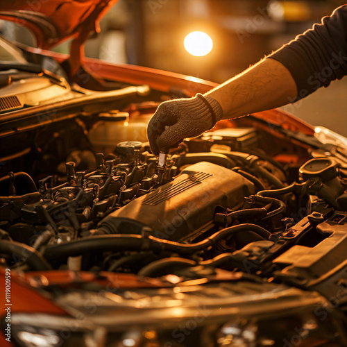 A mechanic's hand changing a spark plug in a car engine photo