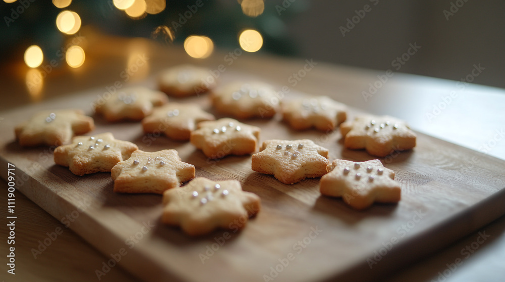 Homemade star-shaped cookies with decorative sprinkles on a wooden cutting board