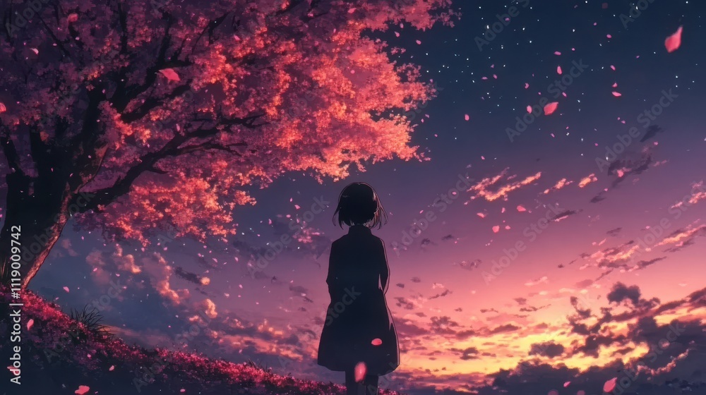 Girl watching pink cherry blossom sunset. Girl watching pink cherry blossom sunset.
