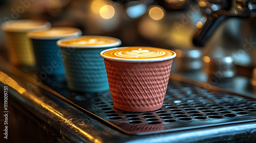 collection of takeaway coffee or black tea cups arranged in rows, symbolizing energy, routine, and connectivity. Perfect for themes of productivity, workplace culture, or modern lifestylee photo