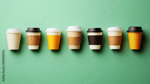 collection of takeaway coffee or black tea cups arranged in rows, symbolizing energy, routine, and connectivity. Perfect for themes of productivity, workplace culture, or modern lifestylee photo