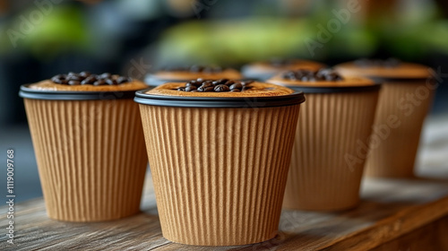 collection of takeaway coffee or black tea cups arranged in rows, symbolizing energy, routine, and connectivity. Perfect for themes of productivity, workplace culture, or modern lifestylee photo