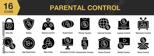 Parental Control solid icon set. Includes safety, parent, family, access, device, and More. Solid icons vector collection.