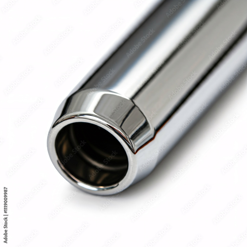 A shiny chrome exhaust tip against a white background A shiny chrome exhaust tip against a white background