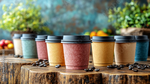 collection of takeaway coffee or black tea cups arranged in rows, symbolizing energy, routine, and connectivity. Perfect for themes of productivity, workplace culture, or modern lifestylee photo