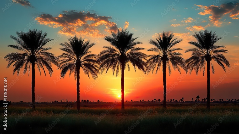 Rows of tall palm trees cast silhouettes against the evening sky, emphasizing their height in the fading light Rows of tall palm trees cast silhouettes against the evening sky, emphasizing their height in the fading light