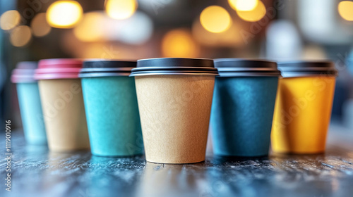 collection of takeaway coffee or black tea cups arranged in rows, symbolizing energy, routine, and connectivity. Perfect for themes of productivity, workplace culture, or modern lifestylee photo