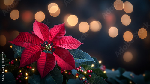 poinsettia plant showcases rich red bracts and lush green foliage, symbolizing Christmas, holiday cheer, and goodwill. Its vivid colors create a festive and elegant seasonal atmosphere photo
