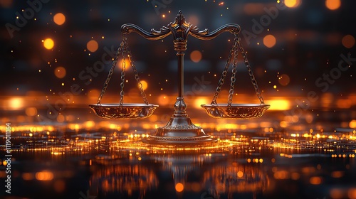 Scales of justice, symbolizing balance and fairness, are set in motion against a digital background