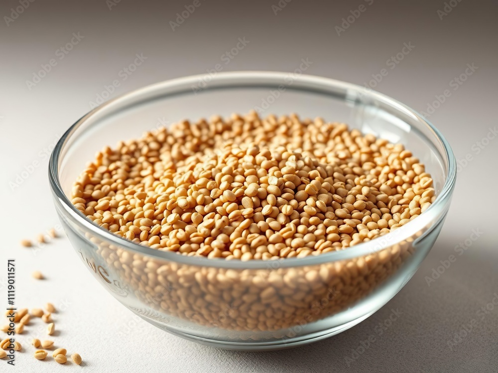 Tiny brown millet grains in a shallow, rounded glass bowl, tiny, rounded Tiny brown millet grains in a shallow, rounded glass bowl, tiny, rounded