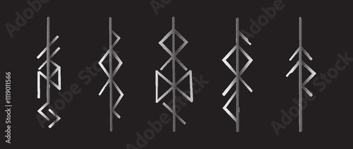 A set of 5 mystery bindrunes Norse deities, drawn in a minimalist dotwork style. The runes are Freya, Odin, Thor, Loki, and Tyr. Monochrome collection of ancient divine symbols rendered in stipple tec