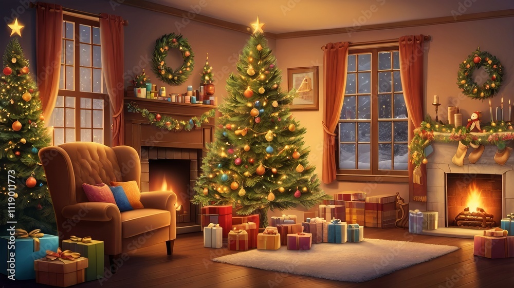 Cozy Christmas living room with decorated Christmas tree Cozy Christmas living room with decorated Christmas tree