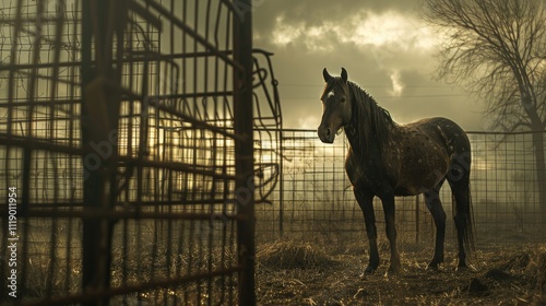 a elegant horse in a large cage, with a majestic design and a stunning ranch background photo