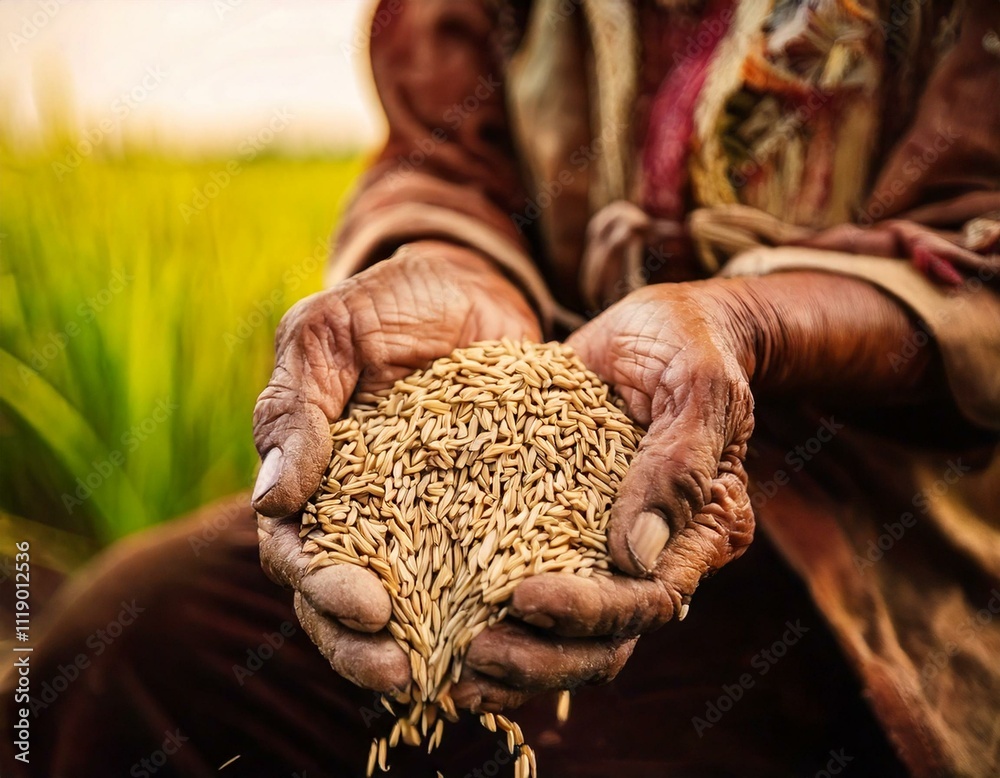 Close-up of a farmer's weathered hands holding freshly harvested rice grains in a green field, symbolizing tradition and sustainability.