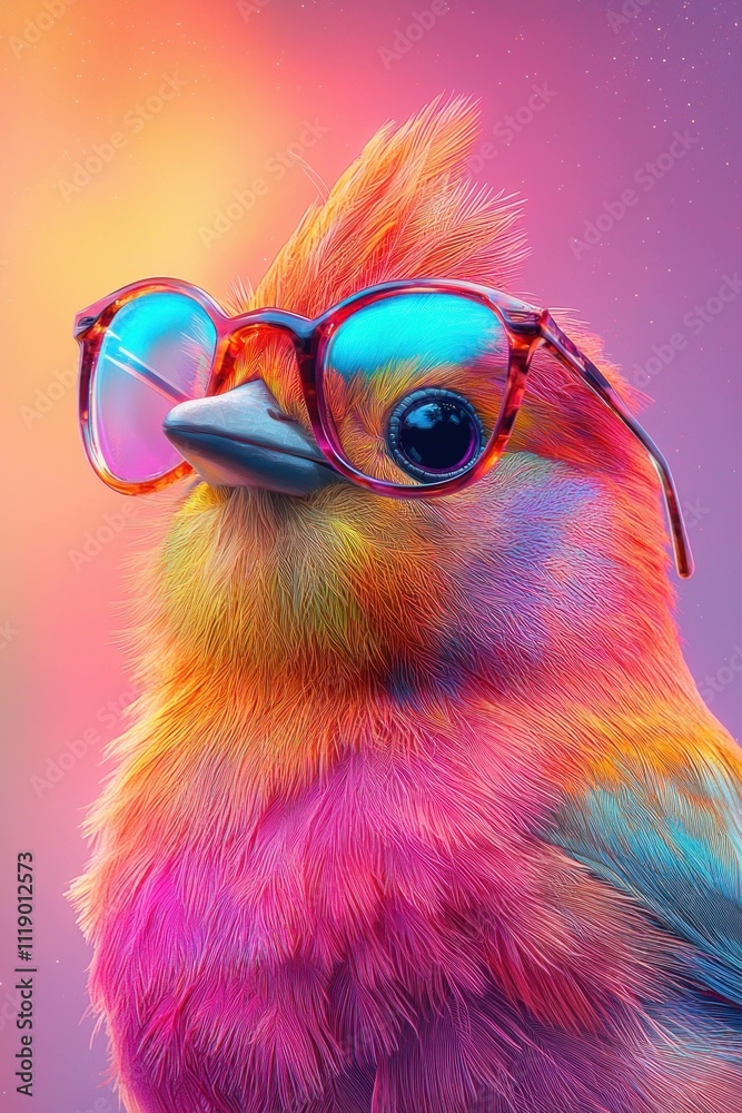 Naklejka premium Colorful bird wearing stylish sunglasses against a vibrant, dreamy background. Unique character and playful vibe enhances fun and creativity.