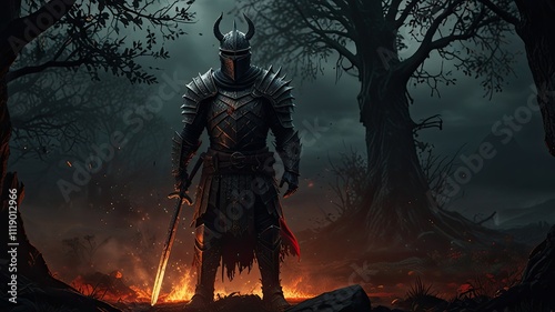 A fierce warrior clad in dark armor holds a sword emanating strength in a fiery forest surrounded by shadowy trees during twilight