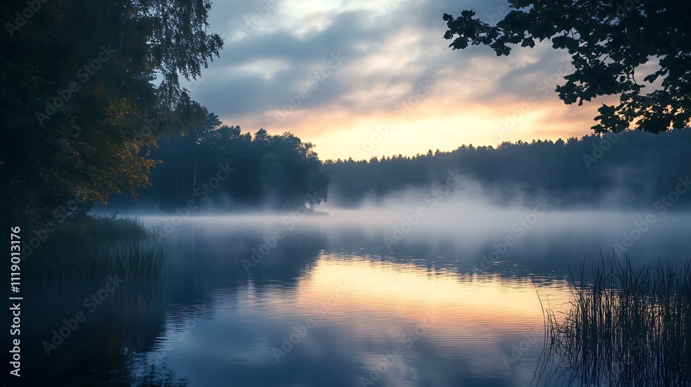 Fototapeta premium Misty Sunrise over a Tranquil Lake