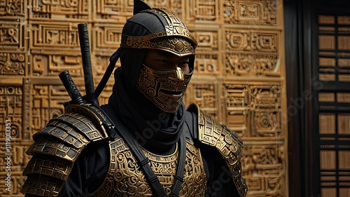 A courageous warrior clad in detailed armor and a helmet gazes intently against a backdrop of beautifully crafted wooden patterns highlighting rich artistry photo