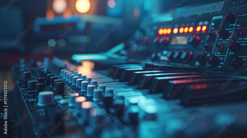 Close-up of synthesizer keyboard and controls in a dimly lit recording studio. Close-up of synthesizer keyboard and controls in a dimly lit recording studio.