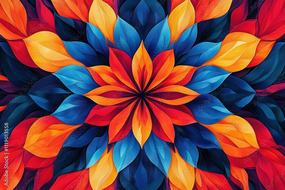 Vibrant abstract floral design with overlapping leaves in red, orange, blue and yellow hues, creating a symmetrical pattern. Vibrant abstract floral design with overlapping leaves in red, orange, blue and yellow hues, creating a symmetrical pattern.