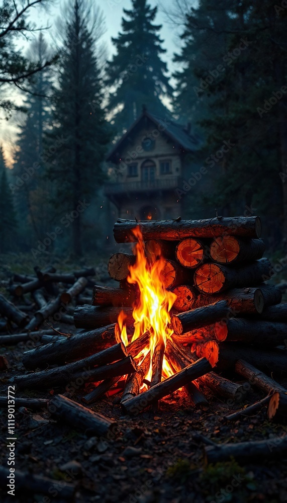Warm light of the bonfire illuminates a stack of fallen logs, fire pit, autumnal evening, Warm light of the bonfire illuminates a stack of fallen logs, fire pit, autumnal evening,