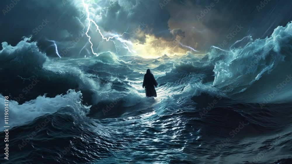 During a dramatic storm on the sea, Jesus calmly walks on the water, as lightning flashes and waves crash around him, a beacon of faith and courage. VDO 4k ProRes