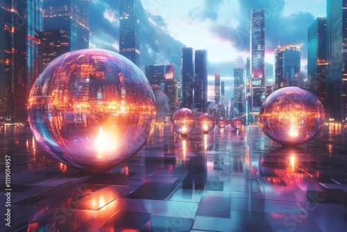 Futuristic cityscape reflected in glowing orbs at sunset.