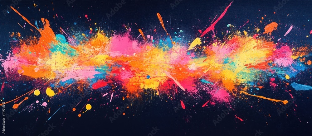 Vibrant explosion of multicolored paint splatters on dark background. Vibrant explosion of multicolored paint splatters on dark background.
