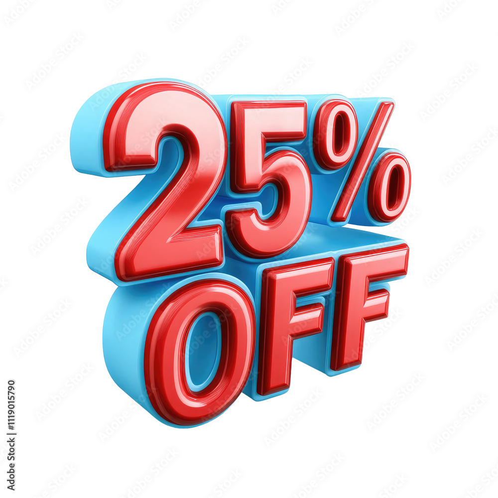 3D text 25percent  OFF, isolated on a transparent white background, with a red and blue color theme in a clipart