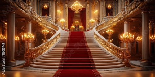 Luxurious Grand Staircase in Baroque Style with Red Drapery and Chandelier Lights