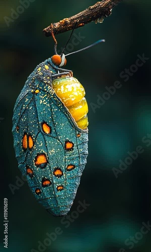 A close-up of a vibrant chrysalis showcasing intricate patterns and colors.