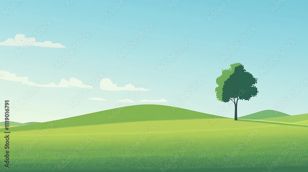 Serene landscape with single tree on rolling green hills under a clear blue sky. Serene landscape with single tree on rolling green hills under a clear blue sky.