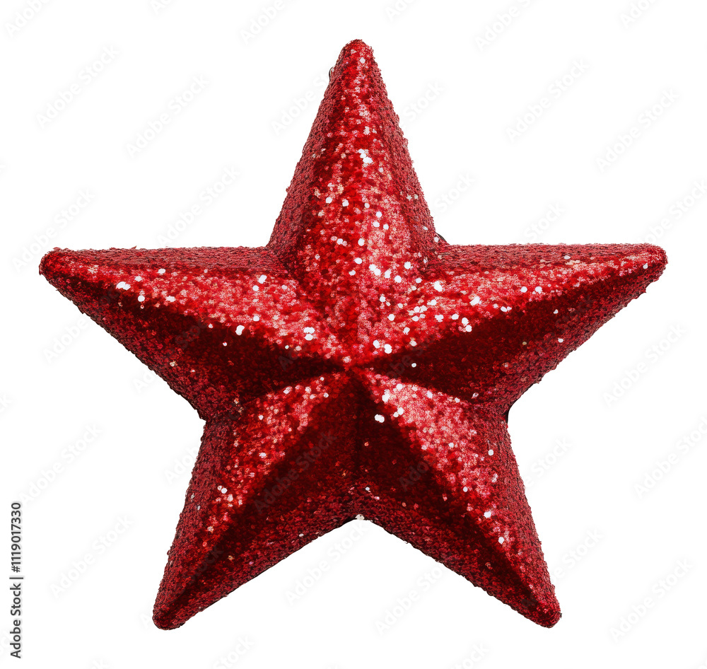 red glittery star against white backdrop, festive decoration concept