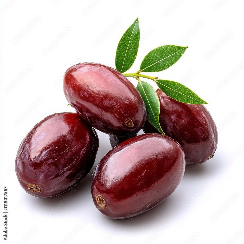 Obraz premium Fresh and Juicy Organic Dates with Green Leaves on White Background