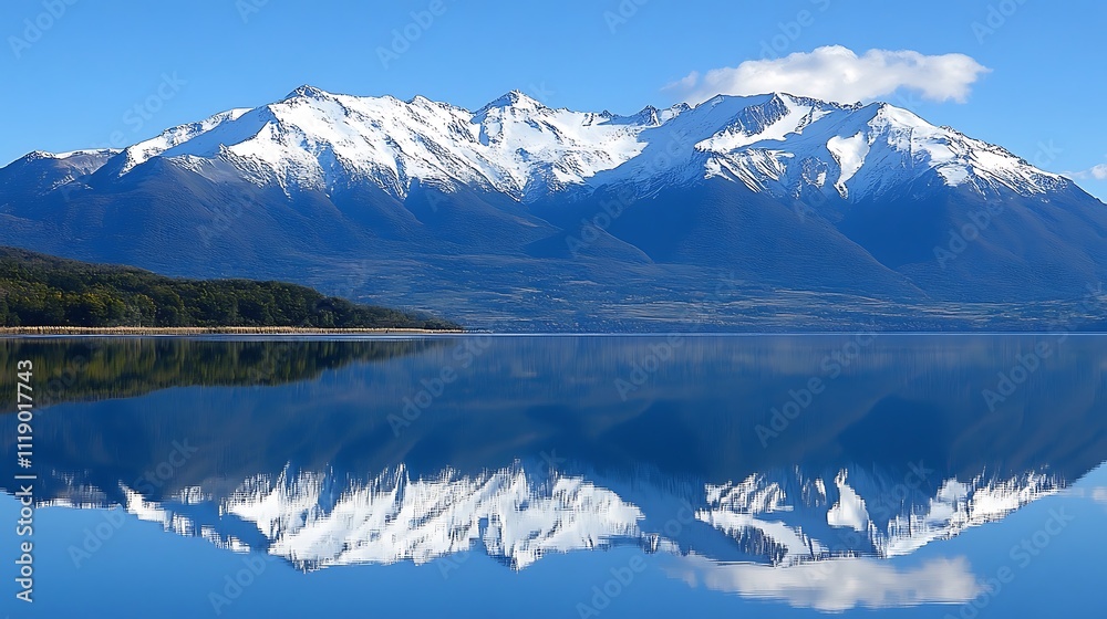 Serene snow-capped mountains reflected in a calm lake under a clear blue sky.