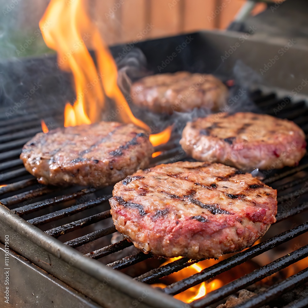 Grilled meat steak on stainless grill depot with flames on dark background. Food and cuisine concept. generative ai Grilled meat steak on stainless grill depot with flames on dark background. Food and cuisine concept. generative ai
