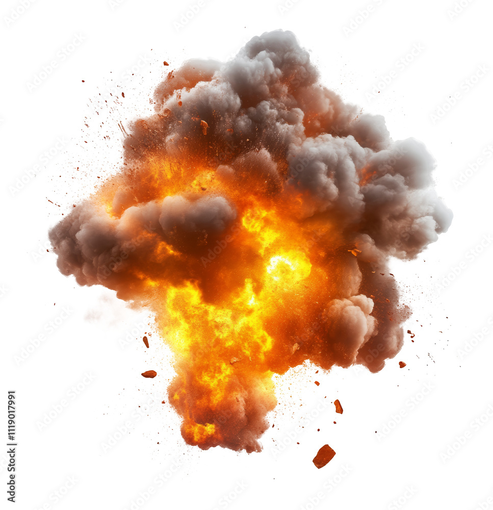 Explosion of fire and smoke on a transparent background, dynamic energy ...
