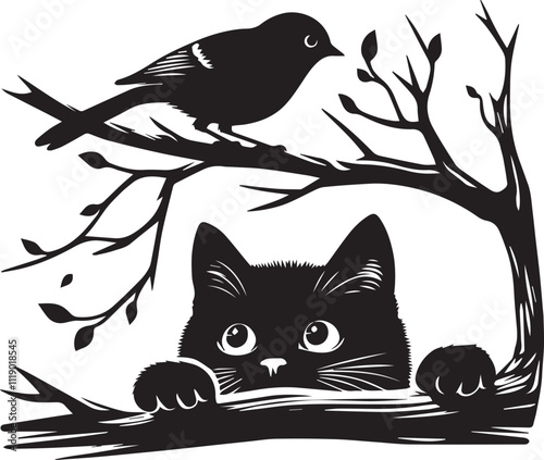 Cat peeking at a bird on a branch vector black silhouette