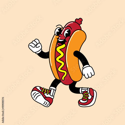 Hotdog retro mascot with hand and foot. Hotdog, sausage, and Fast Food Retro vintage mascot cartoon stickers with funny comic characters and gloved hands.