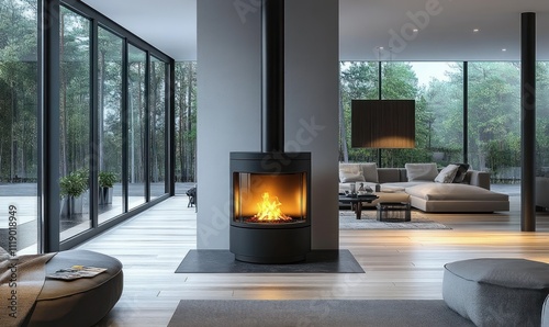 modern minimalist wood burning stove in luxurious living room with fire and natural light