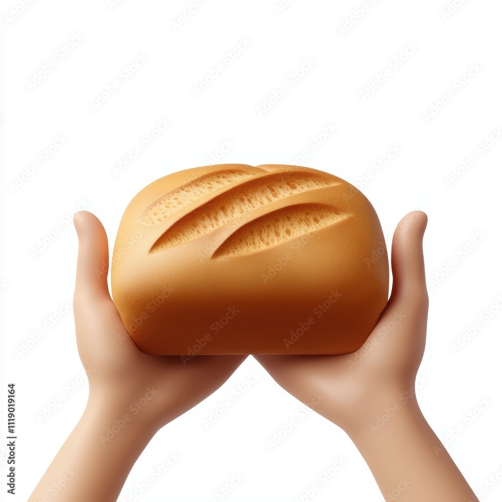 Obraz premium Hands holding a freshly baked loaf of bread, isolated on white background, representing warmth and tradition, perfect for bakery branding