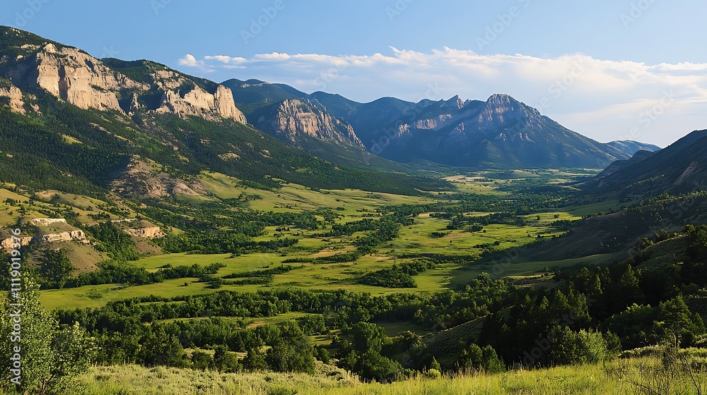 Naklejka premium A Mountain Valley with Lush Green Fields and Forested Slopes