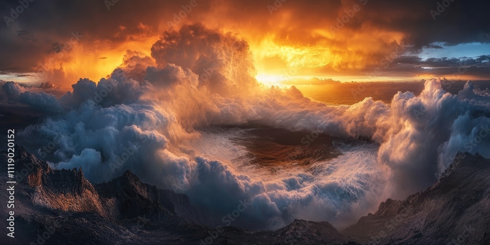 A powerful scene of thick clouds during sunset with sun rays streaming through dramatic openings, casting warm light onto the landscape below. A powerful scene of thick clouds during sunset with sun rays streaming through dramatic openings, casting warm light onto the landscape below.