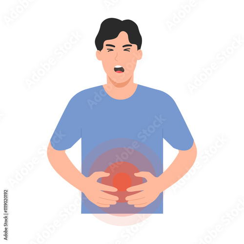 Vector illustration of a man touching his stomach digestive system problem. Indigestion due to overworked intestines. Stomach acid. Flat design.