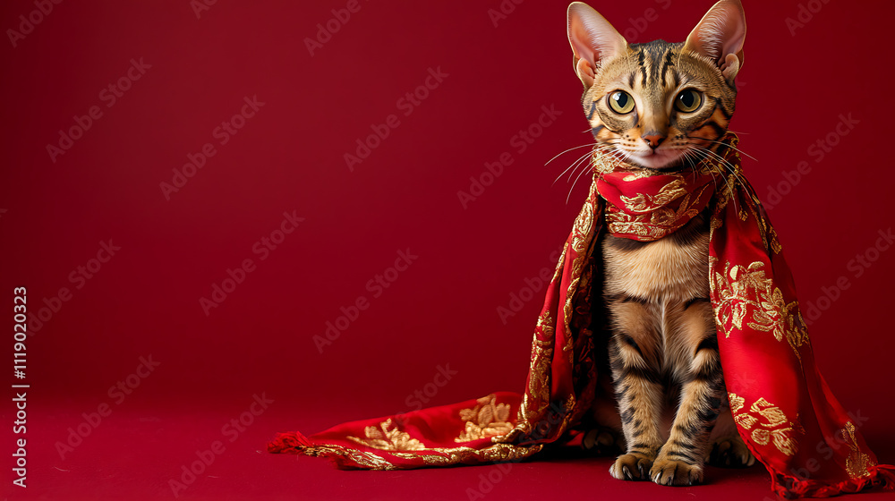 Cultural celebration with a thematic pet cat in chinese attire festive red background captivating photography artistry Cultural celebration with a thematic pet cat in chinese attire festive red background captivating photography artistry